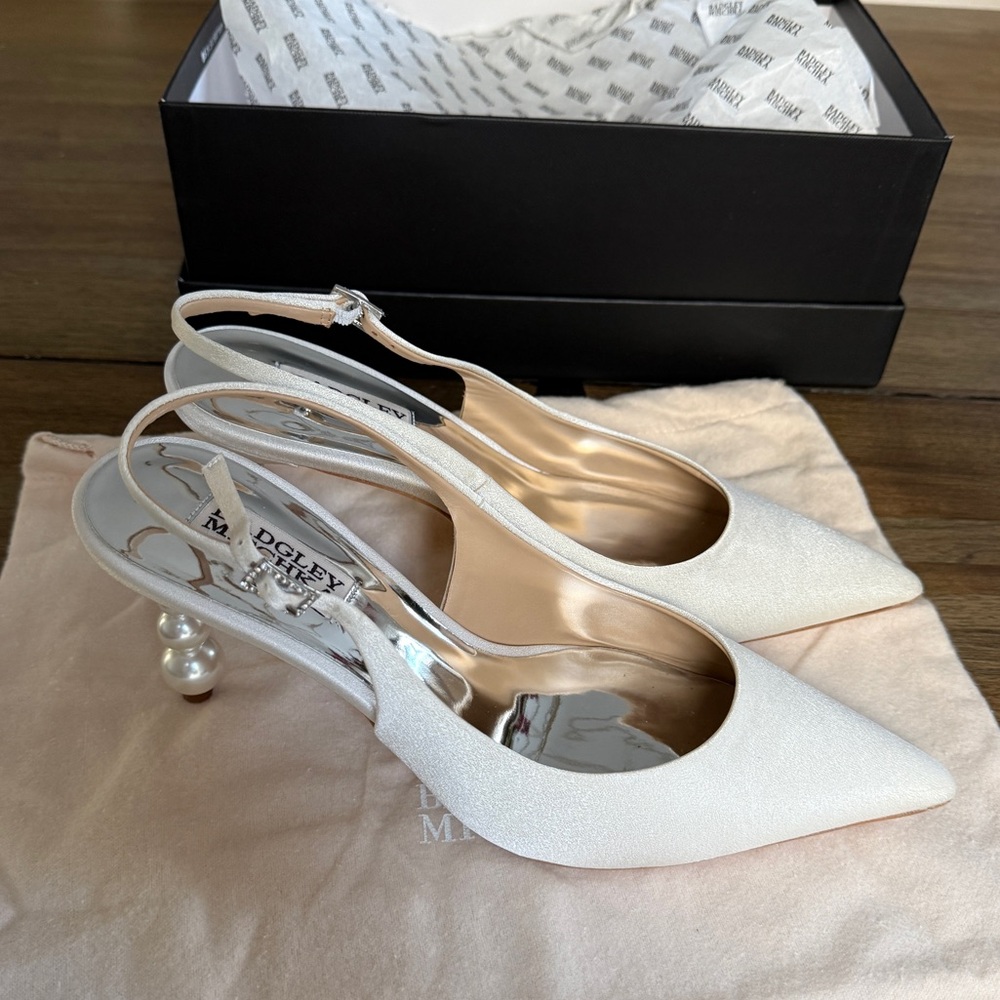 Badgley Mischka Beatrix Pointed-Toe Slingback Heels with Pearl-Beaded Heel